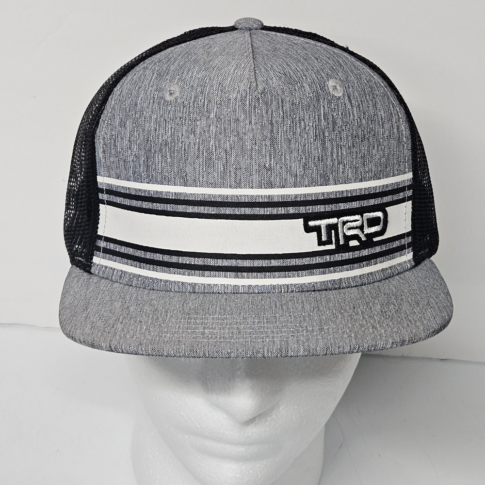 Toyota TRD Trucker Hat OS Grey Black Striped Mesh Back Flat Brim Cap